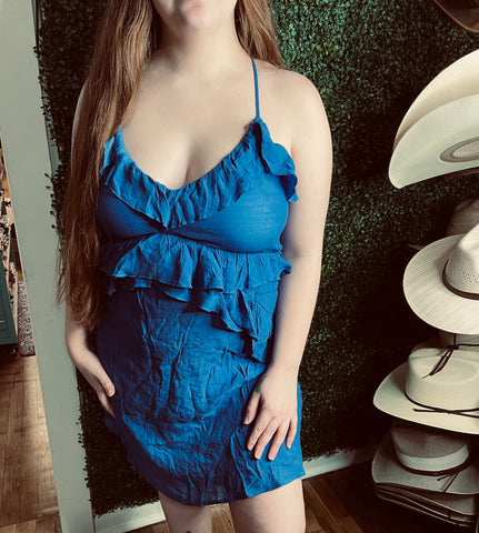 Off To Brunch Royal Blue Ruffle Dress