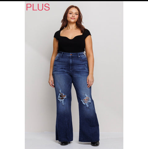 Sneakpeek High Rise Distressed Wide Flare Jeans