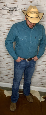 Cinch Print Modern Teal Button Up