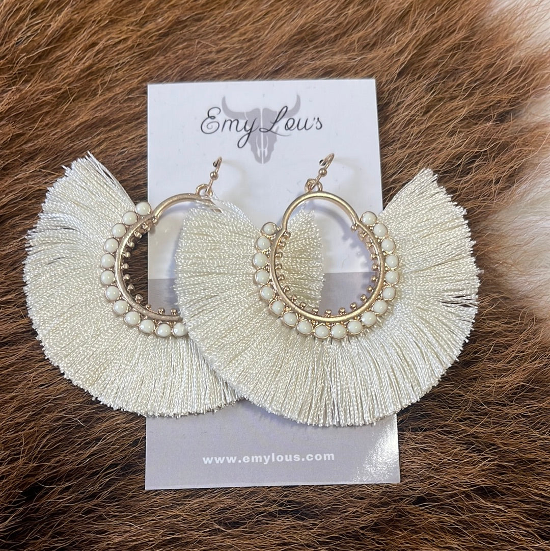 Boho Gold and Cream Tassel Hoops with Beads