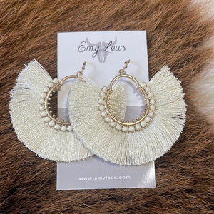 Boho Gold and Cream Tassel Hoops with Beads